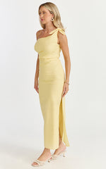 Cincinnati Midi Dress - Off The Shoulder Side Split Column Linen Dress in Lemon