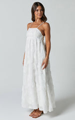 Claya Midi Dress - Sleeveless Straight Neckline Floral Detail Dress in White Embroidery
