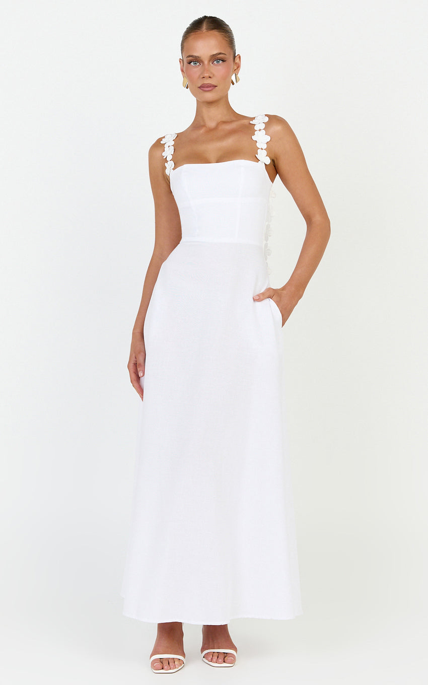 Clementine Midi Dress - 3D Floral Strap Dress in White