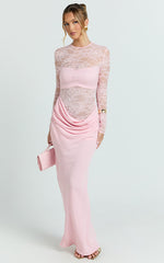 Crisanta Maxi Dress - Long Sleeve Contrast Lace Bodycon Dress in Pink