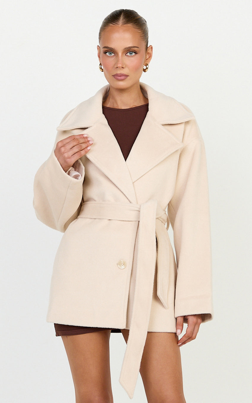 Dahlia Coat - Single Breasted Belted Short Wool Like Coat in Beige