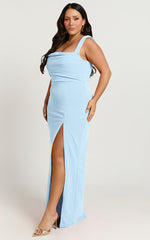 Donna Maxi Dress - Cowl Neck Column High Split Dress in Soft Blue