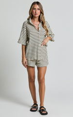 Dylan Two Piece Set - Striped Waffle Shirt and Short Set in Black & Cream Stripe