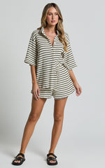 Dylan Two Piece Set - Striped Waffle Shirt and Short Set in Black & Cream Stripe