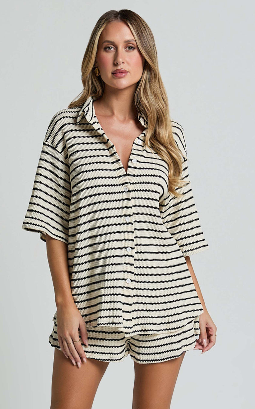 Dylan Two Piece Set - Striped Waffle Shirt and Short Set in Black & Cream Stripe