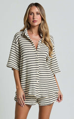 Dylan Two Piece Set - Striped Waffle Shirt and Short Set in Black & Cream Stripe