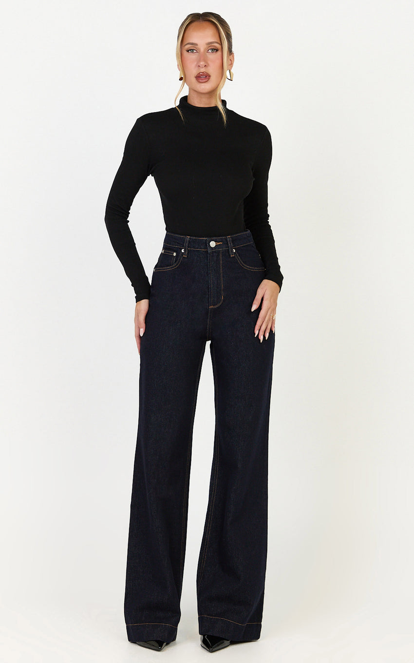 Emman Jeans - High Waisted Cotton Wide Leg Denim Jeans in Raw Denim with Tobacco Stitch