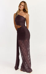 Ferguson Maxi Dress - One Shoulder Draped Jersey and Lace Dress in Chocolate