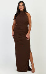 Francis Maxi Dress - Halter Ruched Backless Dress in Dark Chocolate