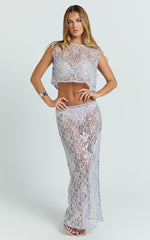 Gemmalyn Two Piece Top and Skirt Set - Sequin Lace Top And A Line Midi Skirt in Pink