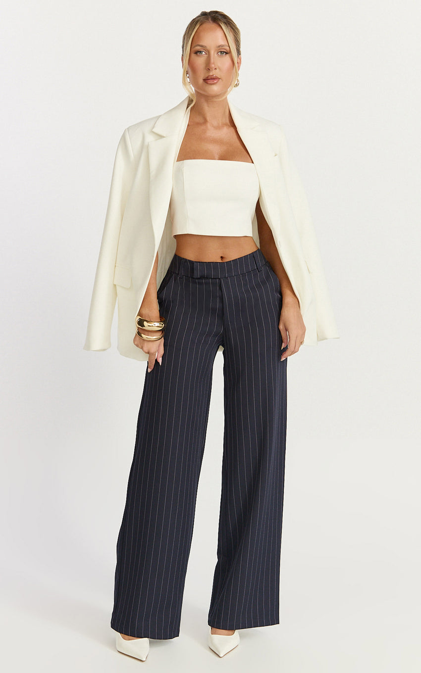 Georgie Pants - Mid Rise Straight Leg Pinstripe Pants in Dark Navy