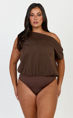 Gwen Bodysuit - Asymmetrical Neckline One Shoulder Bodysuit in Chocolate