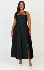 Helda Midi Dress - Halter Tie Neck Corset Panel Dress in Black