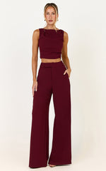 Helen Two Piece Set - Crepe Twisted Top And Wide Leg Pants in Wine