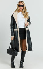Jan Coat - Longline Faux Shearling Aviator Coat in Black