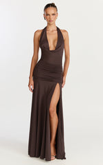 Janice Maxi Dress - Plunge Cowl Halter High Leg Split Dress in Chocolate