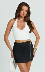 Jenny Mini Skirt - Side Split Denim Skirt with Zip Hardwear in Black Wash