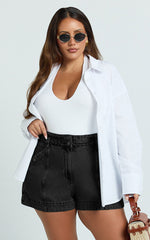 Kayla Shorts - High Waisted A Line Denim Shorts in Washed Black