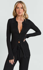 Kelsey Top - Button Through Long Sleeve Knit Top in Black