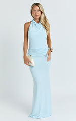 Lizzy Maxi Dress - Backless Ruched Bodycon Dress in Blue