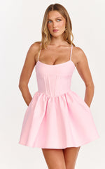 Louisa Mini Dress - Boned Bodice Lace Up Back Dress in Soft Pink