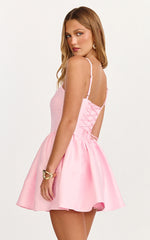 Louisa Mini Dress - Boned Bodice Lace Up Back Dress in Soft Pink