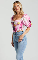 Lucienna Top - Sweetheart Blouson Puff Sleeve Corset in Zinnia Bloom