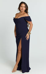 Marcel Maxi Dress - Off Shoulder Corset High Split Dress in Navy