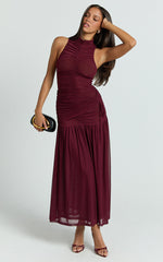 Metzie Midi Dress - High Neck Gathered Mesh Dress in Burgundy