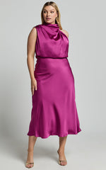 Minnie Midi Dress - Drape Neck Satin Slip Dress in Purple