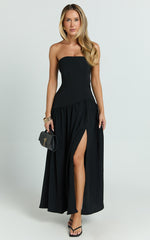 Nadiane Midi Dress - Strapless Asymmetric Drop Waist Dress in Black