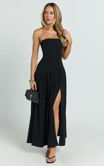Nadiane Midi Dress - Strapless Asymmetric Drop Waist Dress in Black