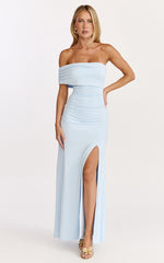 Opal Maxi Dress - Off Shoulder Gathered Bodice Fit And Flare Dress in Blue