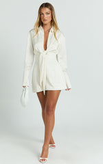 Paola Mini Dress - Tie Front Collared Skirt Dress in Off White