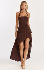 Penelope Maxi Dress - Halter Tie Back Neck Dropped Asymmetric Fit And Flare Dress in Chocolate
