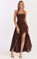 Penelope Maxi Dress - Halter Tie Back Neck Dropped Asymmetric Fit And Flare Dress in Chocolate