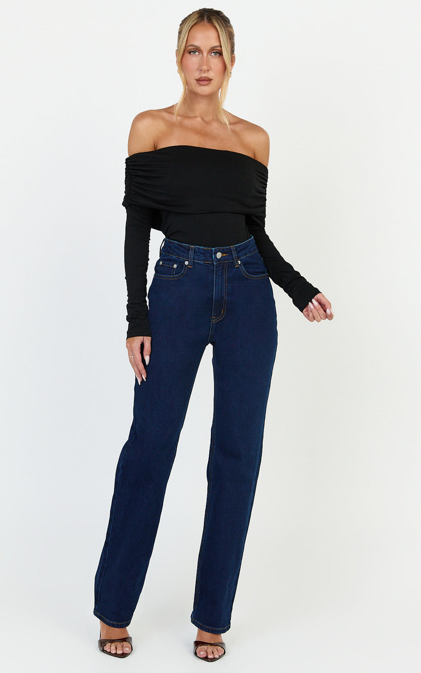 Phoebe Jeans - High Waist Straight Leg Stretch Denim Jeans in Dark Blue Wash