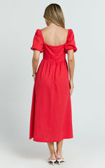Quinn Midi Linen Blend Dress - Puff Sleeve Square Neck Dress in Red