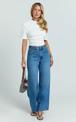 Rachel Jeans - Cinch Waist Wide Leg Denim Jeans in Mid Vintage Wash