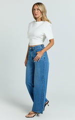 Rachel Jeans - Cinch Waist Wide Leg Denim Jeans in Mid Vintage Wash