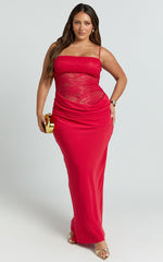 Rania Maxi Dress - Contrast Lace Bodice Bias Cowl Drop Waist Dress in Red