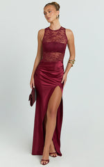 Reeves Maxi Dress - Contrast Lace High Neck Fitted Satin Dress in Wine