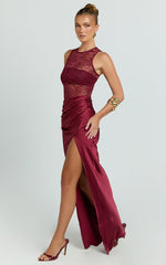 Reeves Maxi Dress - Contrast Lace High Neck Fitted Satin Dress in Wine