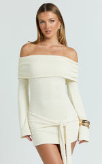 Rhianna Mini Dress - Knitted Off Shoulder Tie Waist Mini Dress in Cream