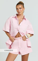 Rhianna Top - Oversized Recycled Denim Short Sleeve Shirt in Pink