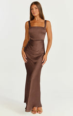 Rumi Midi Dress - Ruched Bodice Satin Dress in Chocolate
