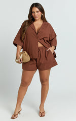 Saina Two Piece Set - Button Through Shirt and Drawstring Shorts Set in Chocolate