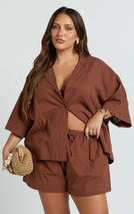 Saina Two Piece Set - Button Through Shirt and Drawstring Shorts Set in Chocolate