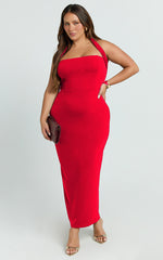 Salome Midi Dress - Halter Neck Column Dress in Red