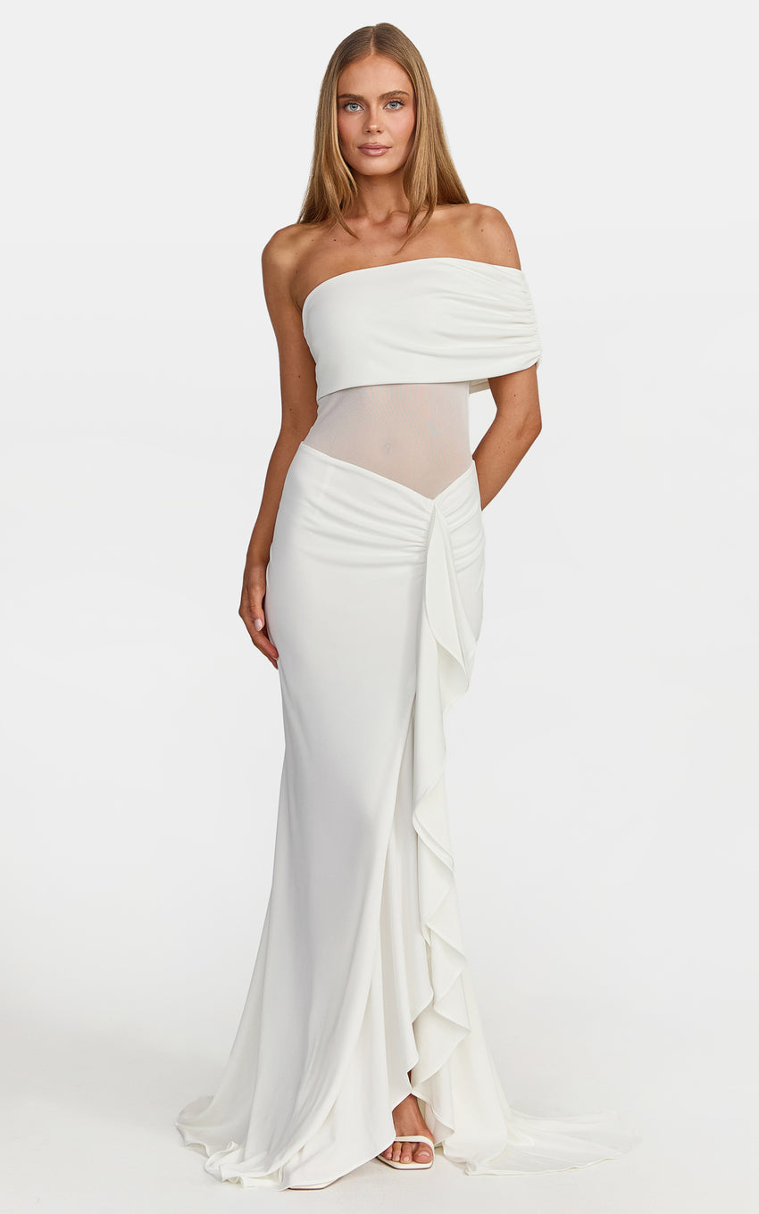 Hallie Maxi Dress - One Shoulder Flounce Dress With Leg Split And Sheer Panel in White